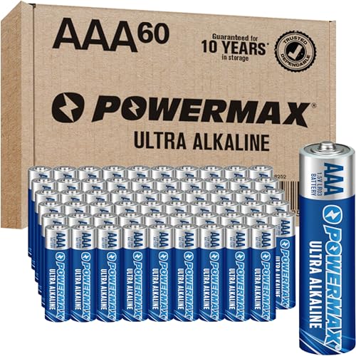 Image of Powermax 60-Count Triple AAA Batteries, Ultra Long Lasting Alkaline Battery for Home and Office, 10-Year Shelf Life, Reclosable Packaging