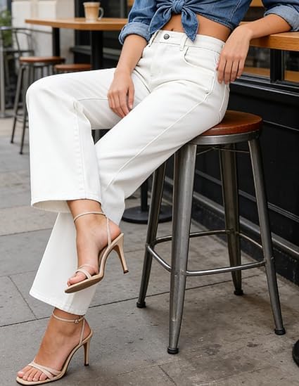 Belle Poque Damen Geradem Bein Jeans Hohe Taille Weites Bein Strecken Denim Hose mit Taschen Lässige Jeans für das Büro