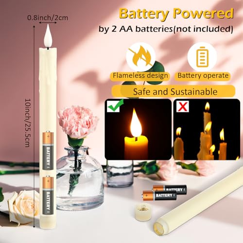 Image of Baquler 48 Pcs 10 inch Ivory Flameless Taper Candle LED Sticks Battery Operated | Candle Sticks Bulk, No Battery, Flickering LED Candlestick, Window Wedding Halloween Christmas Decor, Plastic