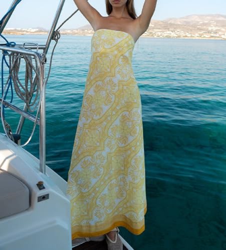 Image of Women Floral Print Maxi Tube Dress Strapless Flowy Long Bandeau Dress Y2K Open Back Sundress Summer Beachwear