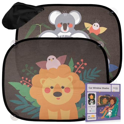 Image of Car Sun Shades for Kids – 2-Pack Baby Window Shades with UV Protection – Cute Animal Design with Suction Cups – 17"x14" Sun Protection for Car Windows – by Inovida