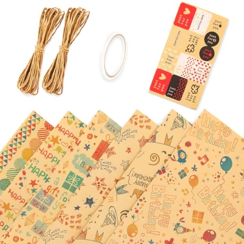 NIXUIO - 6 Pack Gift Wrapping Paper Set with Stickers Tape and Hemp String 50x70 cm Kraft and Brown Wrapping Sheets for Birthday Wedding (GR-Set(G/6)