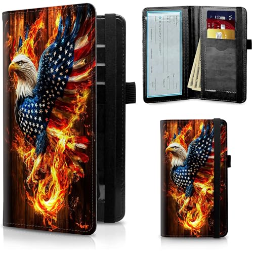 Image of FUYOCWE Checkbook Covers for Personal Checkbook,Leather Checkbook Cover for Business /Personal Checks,RFID Blocking Check Book Cover Holder Wallets for Men Women-American Eagle Rebirth of Fire