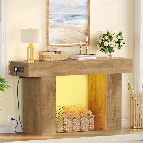 Image of 47.2 inch Entryway Table, Console Table with Charging Station and Adjustable LED light, Farmhouse Wood Sofa Table, Behind the Couch Table, Narrow Console Table, Entry Table for Hallway, Living Room