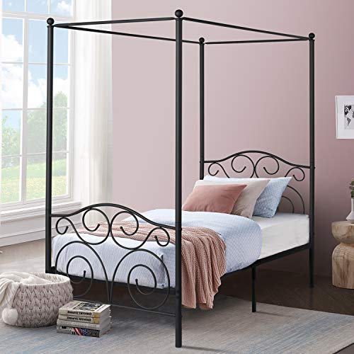 Image of VECELO 4 Corner Metal Canopy Bed Frame, Platform Mattress Foundation, Four Corner Bedding Mosquito Netting Bracket, No Box Spring Needed (Matte Black, Twin)