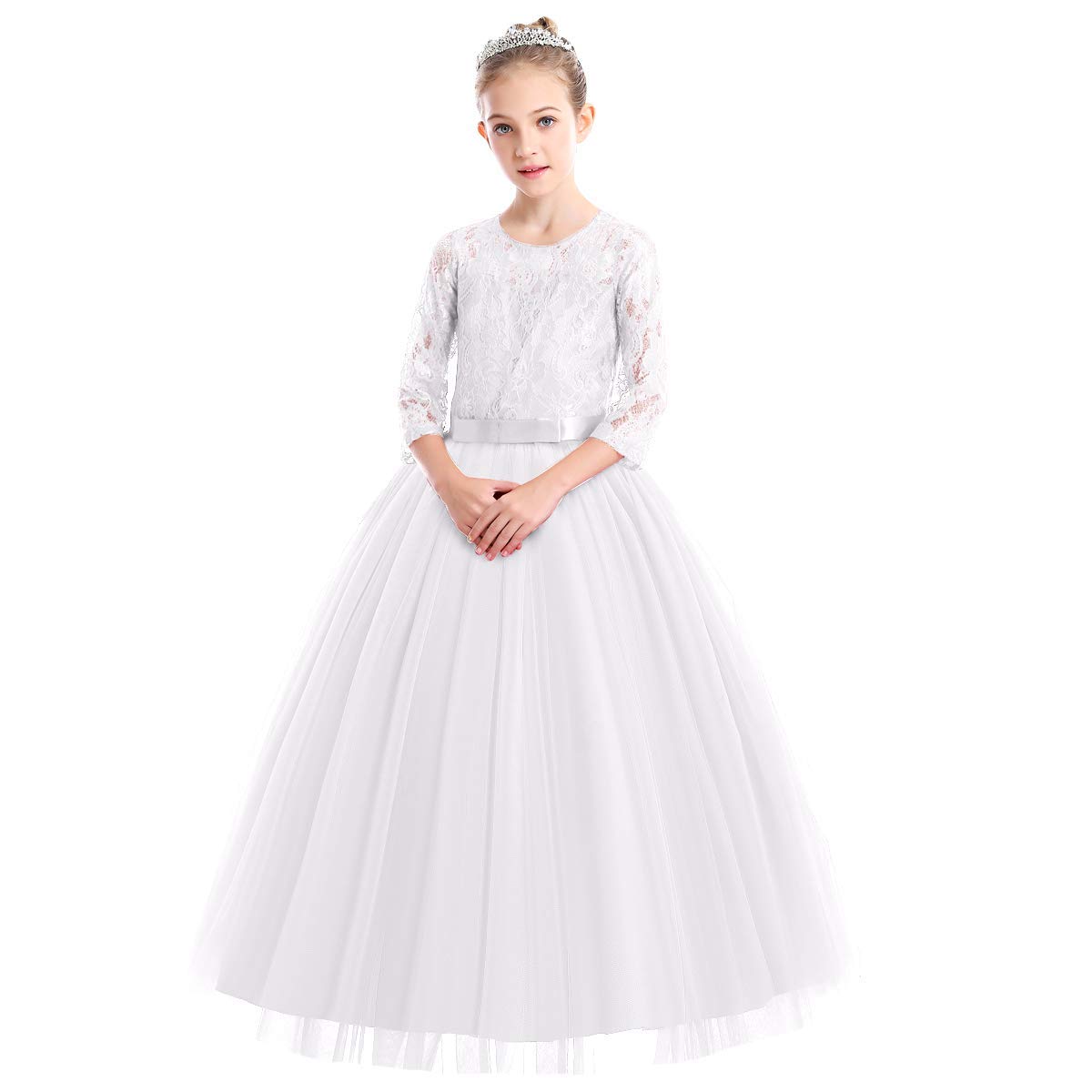 IWEMEK Flower Girls 3/4 Sleeve Floral Lace Tulle First Communion Pageant Dresses Kids Big Girls Princess Birthday Carnival Christmas Bridesmaid Wedding Party Prom Ball Gown 2-14 Years — view 33