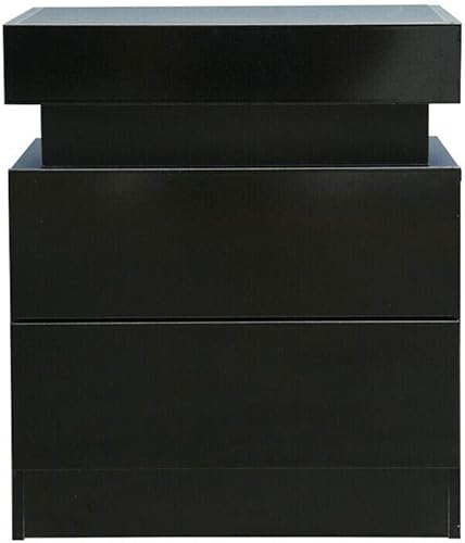 Mesita de noche con luz LED moderna mesita de noche negra con 2 cajones de luz LED de alto brillo para decoración del hogar del dormitorio