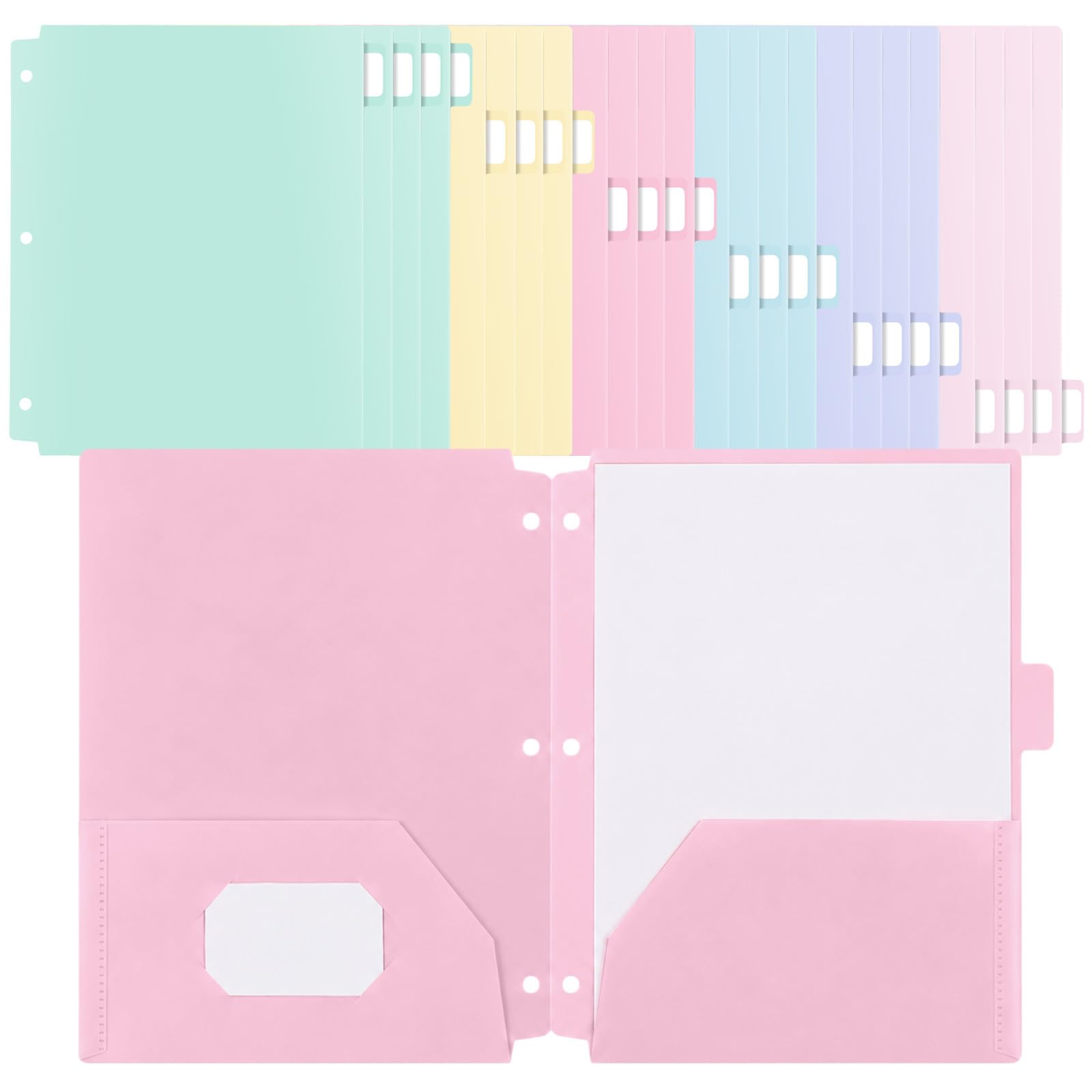 Lot de 24 dossiers en plastique avec poches perforées à 3 trous, 3 anneaux, onglets de coupe 1/6 perforés, format lettre pour école, bureau, salle de classe, enseignants, étudiants, personnel (Pastel)