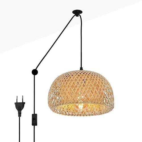 B·LED BARCELONA LED BarcelonaLED Lámpara Colgante de Mimbre con Cable y Enchufe Vintage Polea Ratán Bambú Madera para Techo Pared Comedor Cocina Salón