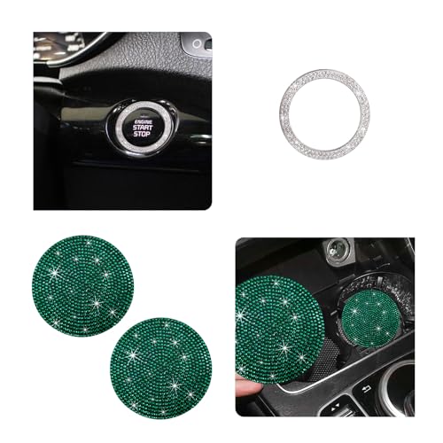 Image of Ziciner 2 Pack Bling Car Cup Holder Coaster, Anti-Slip Auto Insert Coaster with Start Stop Button Cover, Universal Shiny Crystal Vehicle Interior Accessories for Women and Girls (Green)
