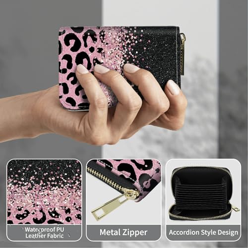 Image of Cute Credit Card Holder with Zipper, Pink Glitter Leopard RFID-Blocking Card Case Small Wallet for Women Men, Multi-slot Card Organizer Case Travel Accordion Wallet