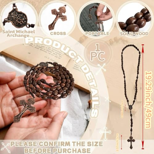 Image of Bovemee Saint Benedict Medal Prayer Pocket Rosary Catholic Brown Wood Beads with Medalla de san benitol and Crucifix, 9 Inch