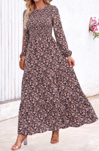 Image of PRETTYGARDEN Women's Fall Dresses 2026 Long Sleeve Flowy Casual Floral Maxi Dress Crew Neck Smocked Tiered Long Dress