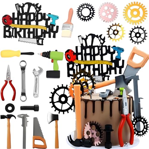 Werkzeug Kuchen Dekoration Kit, 20Stk Werkzeug Geburtstagskuchen, Schraubschrauber, Roller, Handsäge, Zange, Schlüssel Dekorationsartikel, Kinder Geburtstag Party Dekoration, Junge Mädchen Party