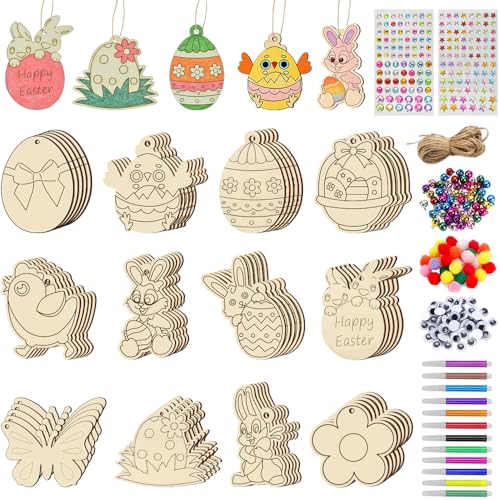 60 PCS Unfinished Easter Ornament Wood Crafts, 12 Styles DIY Unfinished Wood Crafts Kit with Strings, Colored Bells for Crafts Hanging Decorations, Egg Rabbit Bunny Butterfly Flower Hen Happy Easter