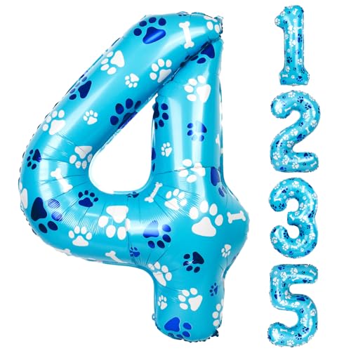 40 Inch Blue Dog Paw Birthday Balloons, Number 4 Balloons for Girls Boys Blue Dog Paw Print Themed Birthday Party Decorations (Number 4)