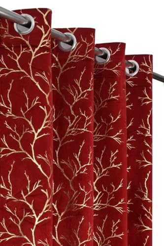 Image of Premium Heavy Velvet Fabric Foil Tree Design Room Darkening and 76% Blackout Curtains for Long Door 9 Feet, Maroon, 1 Piece Curtain