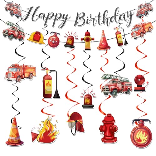Image of Firetruck Birthday Party Decorations Include Fire Truck Happy Birthday Glitter Banner Firefighte Hanging Swirls Supplies for Fireman Birthday Theme Party Rescue Events