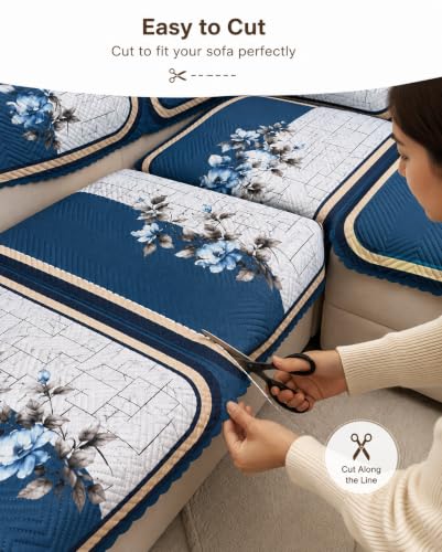 Image of Printed 7 Seater L-Shape Sofa Cover with Arm Covers, Quilted Texture, Sectional Couch Protector for Living Room-Pack of 15 (Blue Bloom)