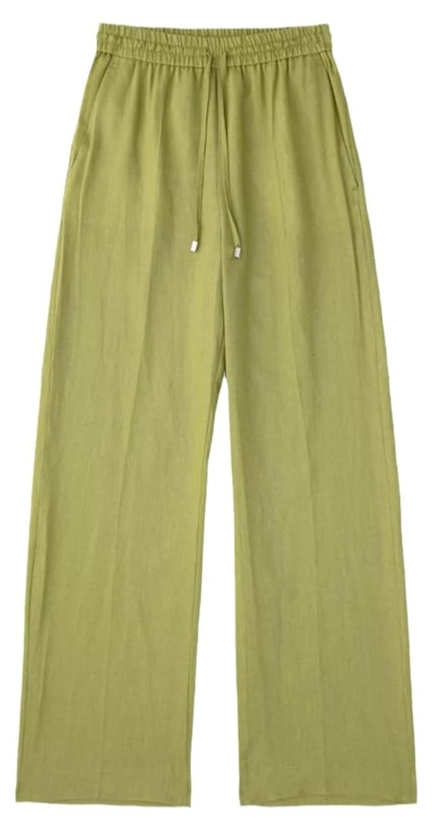 Womens Summer Straight Pants High Waist Drawstring Elastic Waist Side Pockets Full Length Trousers