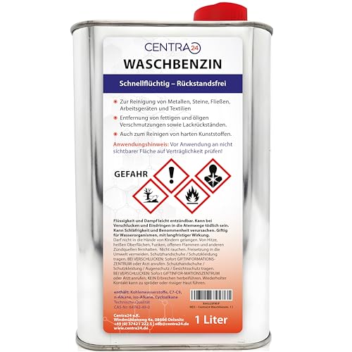 Centra24 Waschbenzin 1 Liter Fettlöser Reinigungsbenzin als Fleckentferner für Kunststoffe Textilien - Fettlöser uvm Siedegrenzbenzin