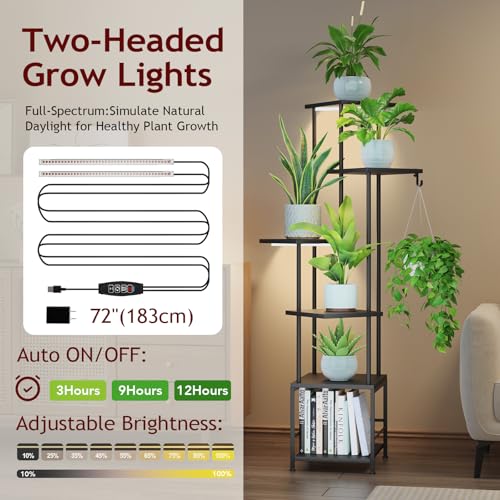 Image of Homsorout Plant Stand Indoor with Grow Light - 6-Tier Metal Plant Shelf with Hanging Basket Hook, Corner Tall Flower Holder for Multiple Plants, Living Room Balcony Garden Patio, Black
