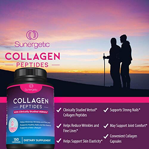 Image of Sunergetic Premium Collagen Peptides Capsules - 2500 mg of VERISOL Collagen Peptides Type 1 & Type 3 - Multi Collagen Supplement to Support Joint Health, Hair, Skin & Nails - 150 Collagen Capsules