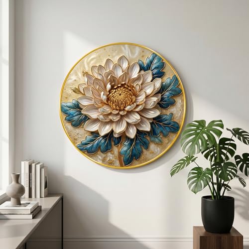 Image of SAF Luxury Floral Round Wall Painting White Gold Flower Art with Blue Leaves PVC Golden Frame Modern Wall Decor for Living Room Bedroom Office Home Decoration (20 x 20 Inch) GRL-394