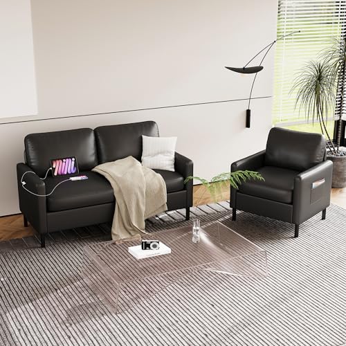 Image of STHOUYN Black Faux Leather Accent Chairs with Arms, Living Room, Modern