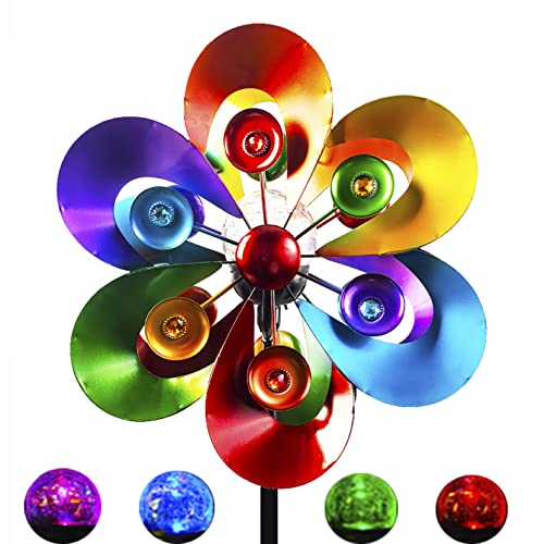 Solar Wind Spinner,Garden Wind Catcher Wind Mills, Solar Powered Rgb Color Changing Led With Glass Ball, 60Inch Outdoor Metal Patio Aculptures Dual Direction Decorative Lawn Ornament Wind Mill #TOP2
