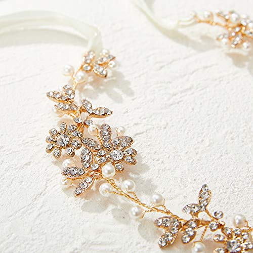 Sweetv Gold Crystal Wedding Headband Pearl Bridal Headpiece Rhinestone Flower Hair Vine For Bride Hair Accessories #TOP6