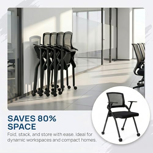 Image of 2 Pack Folding Office Chair on Wheels, Heavy Duty Conference Room Chair | Nesting Rolling Training Chairs, Lumbar Support, Mesh back, Padded Seat, Meeting, Commercial Guest Reception, Classroom