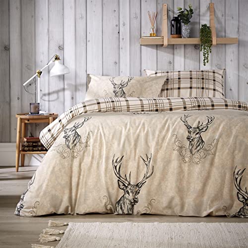Olivia Rocco Stag Duvet Cover Set Cosy Highland Cotton Rich Quilt Covers Reversible Check Premium Bedding Bed Linen Sets, Double Natural - Image 3