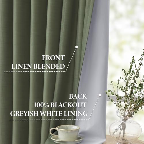 Image of MYSKY HOME Olive Green Pinch Pleated 100% Blackout Curtains 90 inches Long for Bedroom Living Room Dark Green Linen Textured Double Layer Black Out Pinch Pleat Drapes, 40 inch Wide per Panel, 2 Pcs