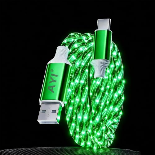 Image of AYI USB C to A Charging Cable 3.3ft, LED Glowing Starry Sky Light-Up Cord, PVC Tangle-Free Fast Charging Cable with Smart Chip, Data Transfer Sync Cord for USB-C Devices, Green.