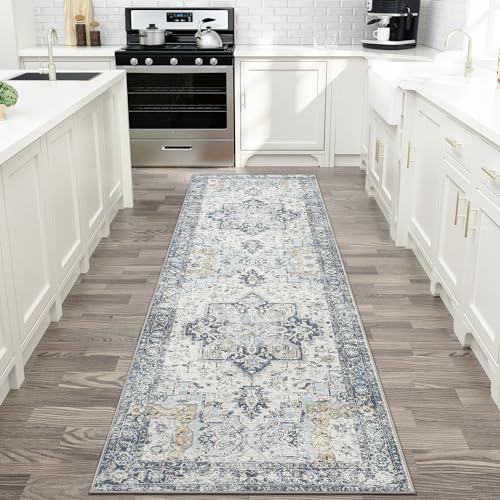 GENIMO Runner Rug 2x12, Non Slip Vintage Hallway Runner Rugs, Low Pile Lightweight Machine Washable Mat for Hallway, Entryway, Bedroom, Kitchen and Corridor, Blue