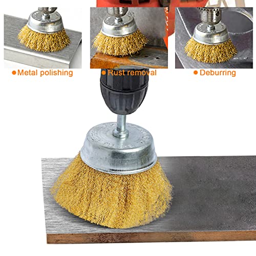 Image of 2PCS Brass Wire Cup Brush Kit for Drill,Crimped Cup Brush with 6mm Shank,0.13mm True Brass Wire,Soft Enough to Cleaning or Deburring with Less Scrach