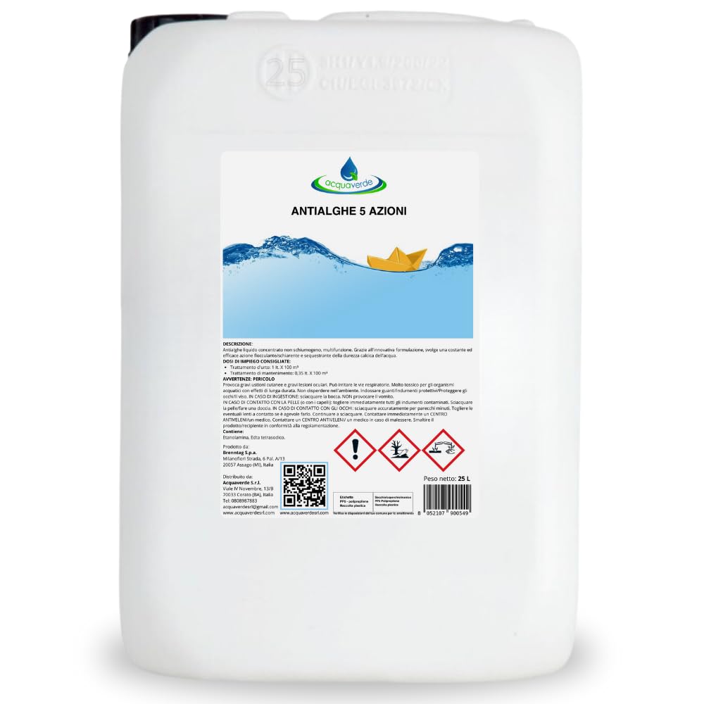 acquaverde | Antialghe 5 Azioni Liquido, Multifunzione non Schiumogeno, Trattamento Acqua di Piscina con effetto Alghicida, Inglobante, Flocculante, Azzurrante e Anticalcare, 25 kg
