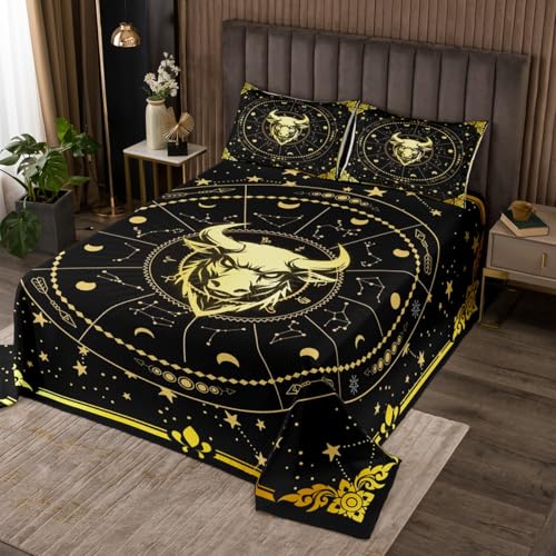 Erosebridal Taurus Quilt Set Twelve Constellations Zodiac Bedspread Set Twin,Kids Boys Girls Room Decor,Sun and Moon Stars Quilted Coverlet,Black and Gold Exotic Bed Cover,Vintage