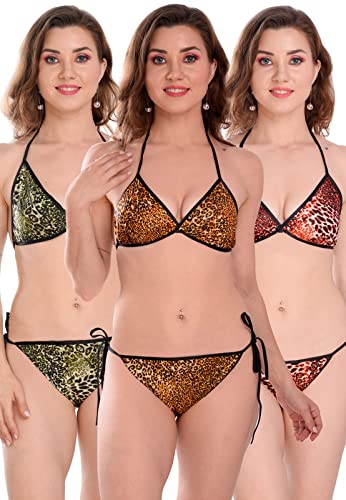 Image of Satin Animal Print Embellished Bikini Bra & Panty Lingerie Set for Women & Girls, Fits Well for Plus Size.