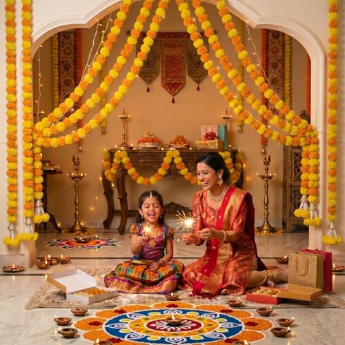 Image of DIYANA IMPEXMarigold Garland for Decoration 5 Pcs of 5 feet Long Strands Artificial Marigold Flowers with Bell, Indian Decor for Pooja /Diwali Decorations /Christmas (Mango + Yellow)