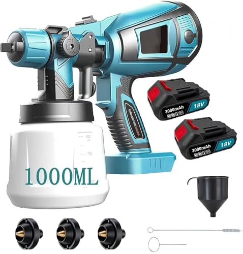 Akku Farbsprühsystem,Kompatibel mit Makita 18V Akkus, Elektro HVLP Lackierpistole mit 3 Düsen, 3 Spritzmuster,1000ml Farbsprühgerät,Hohe Leistung，zum Streichen (2x3000mAh Akku)