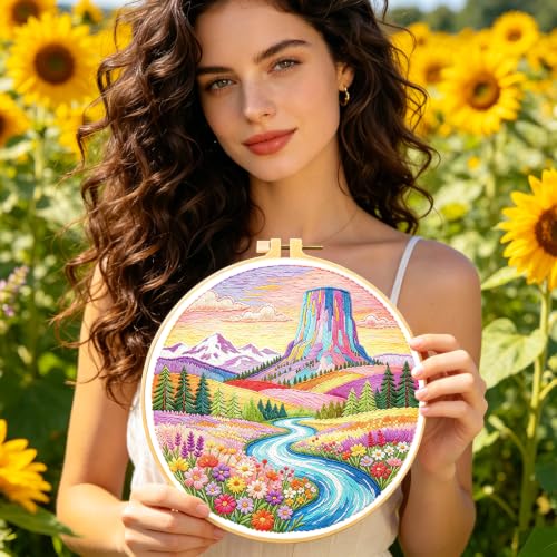 Image of BEUNITONE 4 Set Embroidery Kits for Beginners, Pink Scenery Design with Pre-Stamped Pattern Craft Kits Include Instruction and Hoops, 7.9 inchx7.9 inch Needlepoint Kits for Festival Gifts and Home Decor