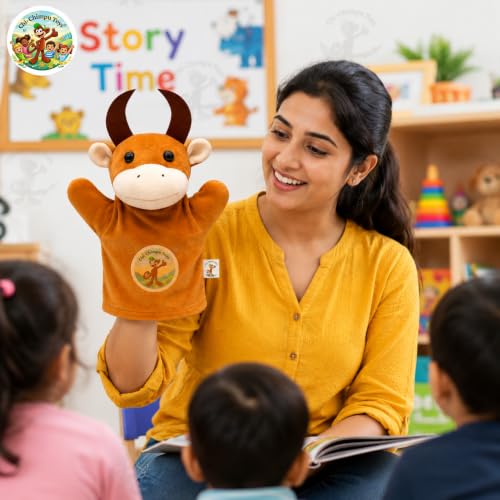 Image of Ox Hand Puppet for Kids | Soft Plush Animal Puppet | Storytelling, Role Play, Preschool Learning Toy | Interactive Educational Puppet for Boys & Girls