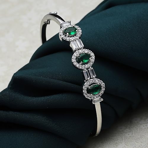 Image of ZENEME Rhodium-Plated Oval Shape American Diamond Studded Handmade Kada Bracelet For Girls and Women