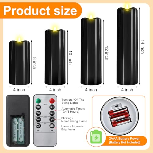 Image of Rossesay 8 inch 10 inch 12 inch 14 inch X 4 inch Large Waterproof Outdoor Flameless Candles, 4 Pcs LED Pillar Candles with Remote and Timers Battery Operated Jumbo Flickering for Home Patio Church Lanterns(Black)