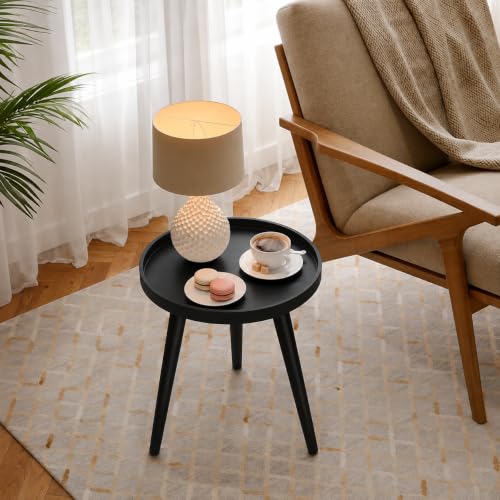 Image of Small Round Coffee Table, Modern Side Table with 3 Stable Legs, Multifunctional Sofa Side Table for Balcony Office (Full Black)
