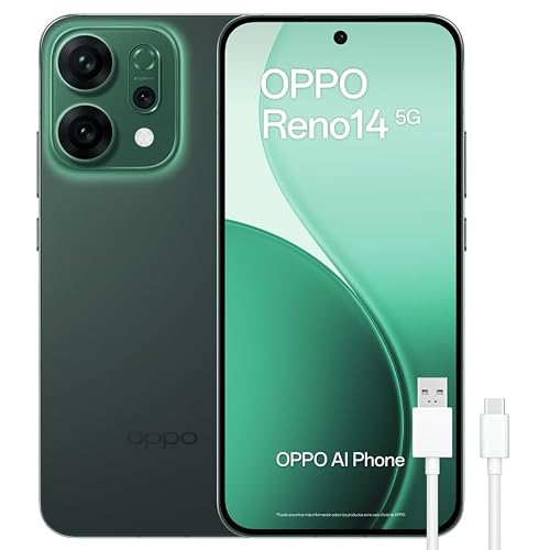 OPPO Reno14 5G – Smartphone Libre con IA, 12GB RAM + 256GB, Cámara Triple 50MP, Batería 6000mAh, Carga Rápida 80W, Pantalla AMOLED 120Hz, IP69, Dual SIM, Android, Versión Española - Luminous Green