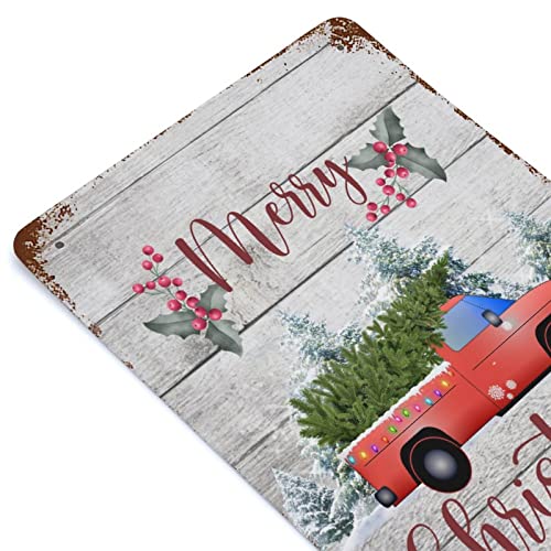 Wodevor Merry Christmas Tree Truck Metal Signs Red Truck Christmas Tree Tin Plaque Plate Retro Vintage Metal Signs Customized Outdoor Hanging Wall Plaque Kitchen 8X12 Inch #TOP6