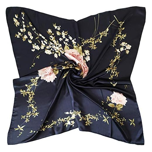 vabovin 35 inches Large Satin Square Silk Feeling Hair Scarf Wrap Headscarf For Women (Navy Blue Peony Flowers)